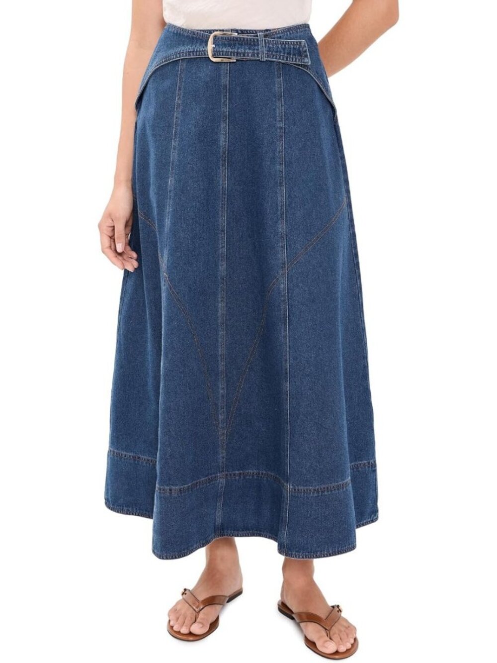 Chic Women's Denim Midi Skirt with Belt Buckle Detail - Stylish & Versatile